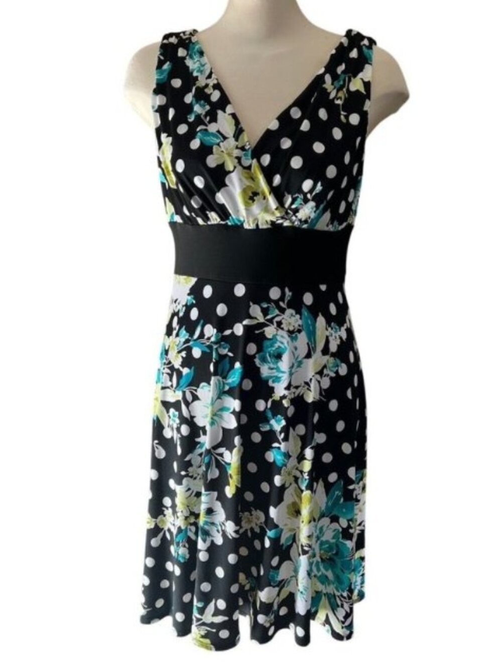 Cleo Womens Polka Dot Floral Empire Waist V-Neck Dress Black Teal Size 10